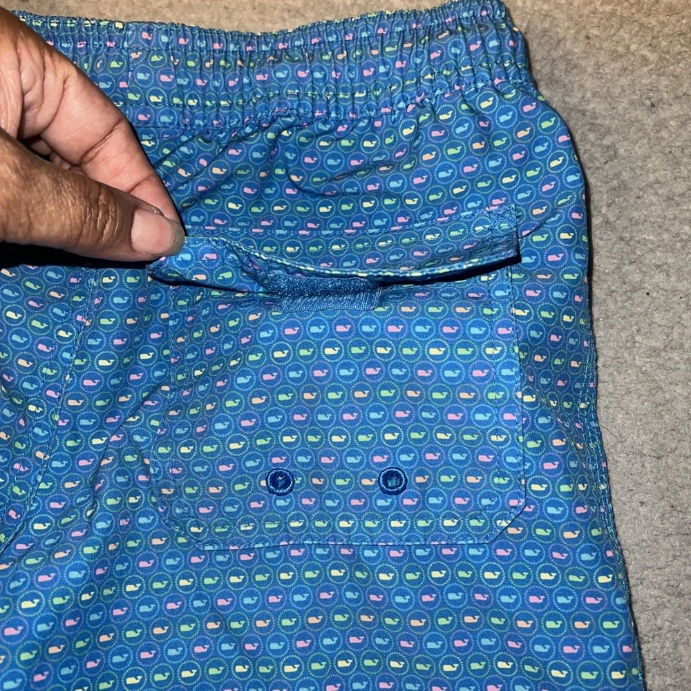 Vineyard Vines Swimwear Shorts Youth Sz 7 Blue AOP Micro Whale Logo Swim Trunks